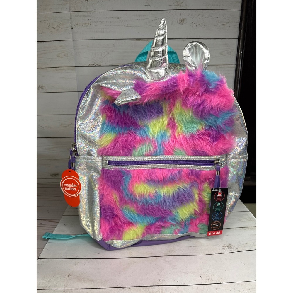 Wonder Nation Unicorn Backpack Silver Holographic Rainbow Faux Fur 17 Inch NWT